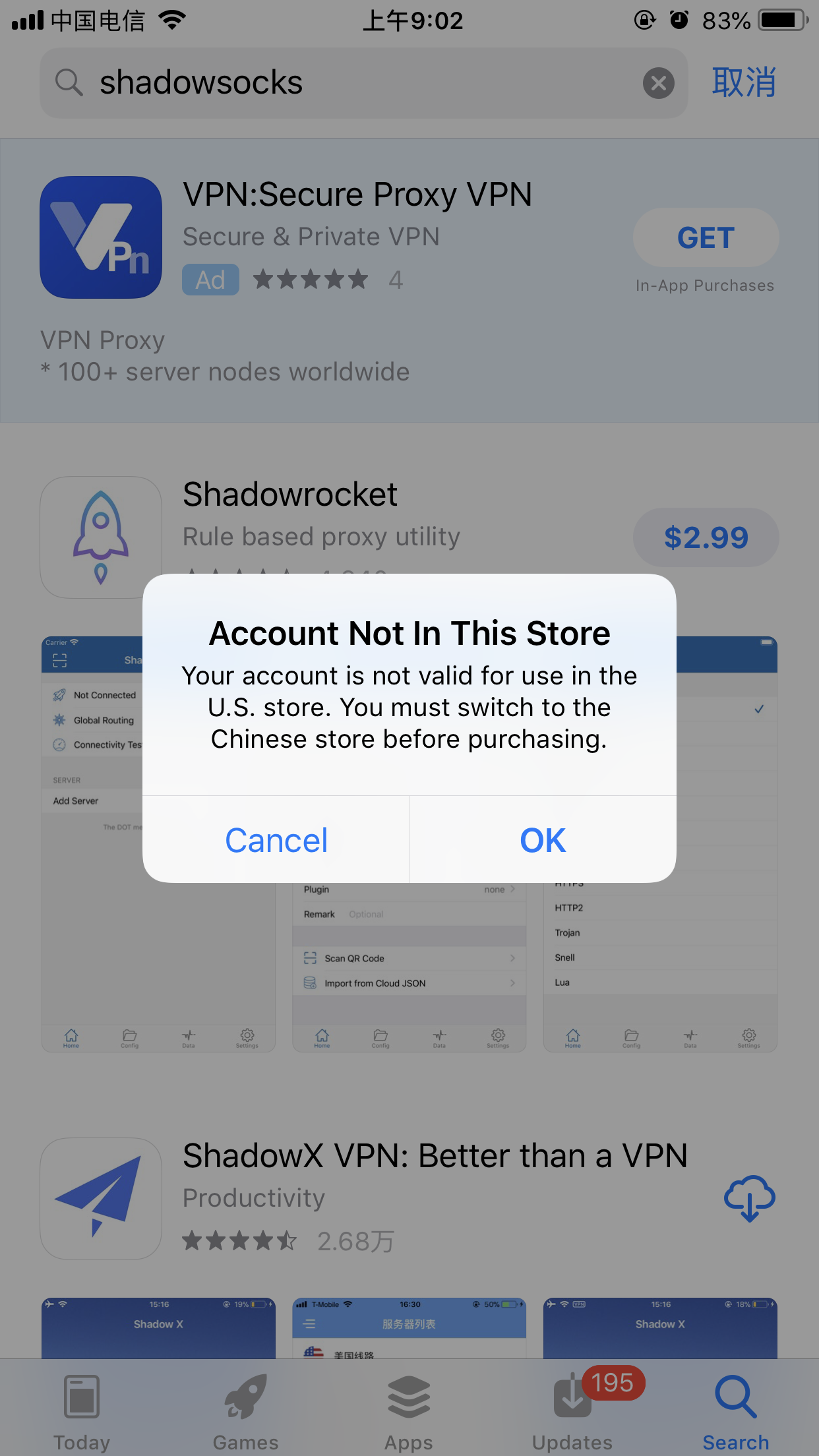 Account Not in This Store, your account is not valid for use in the U.S. store. You must switch to Chinese stores before purchasing