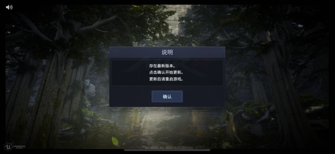 Mir4存在最新版本，点击确认开始更新（点击后会跳转到国内用户无法找到APP），更新后请重启游戏，才能进入否则无法进入游戏。