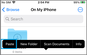 iPhone 文件应用程序中的粘贴选项